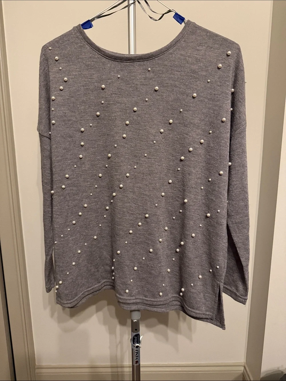 Zara Pearl-Embellished Gray Women's Sweater